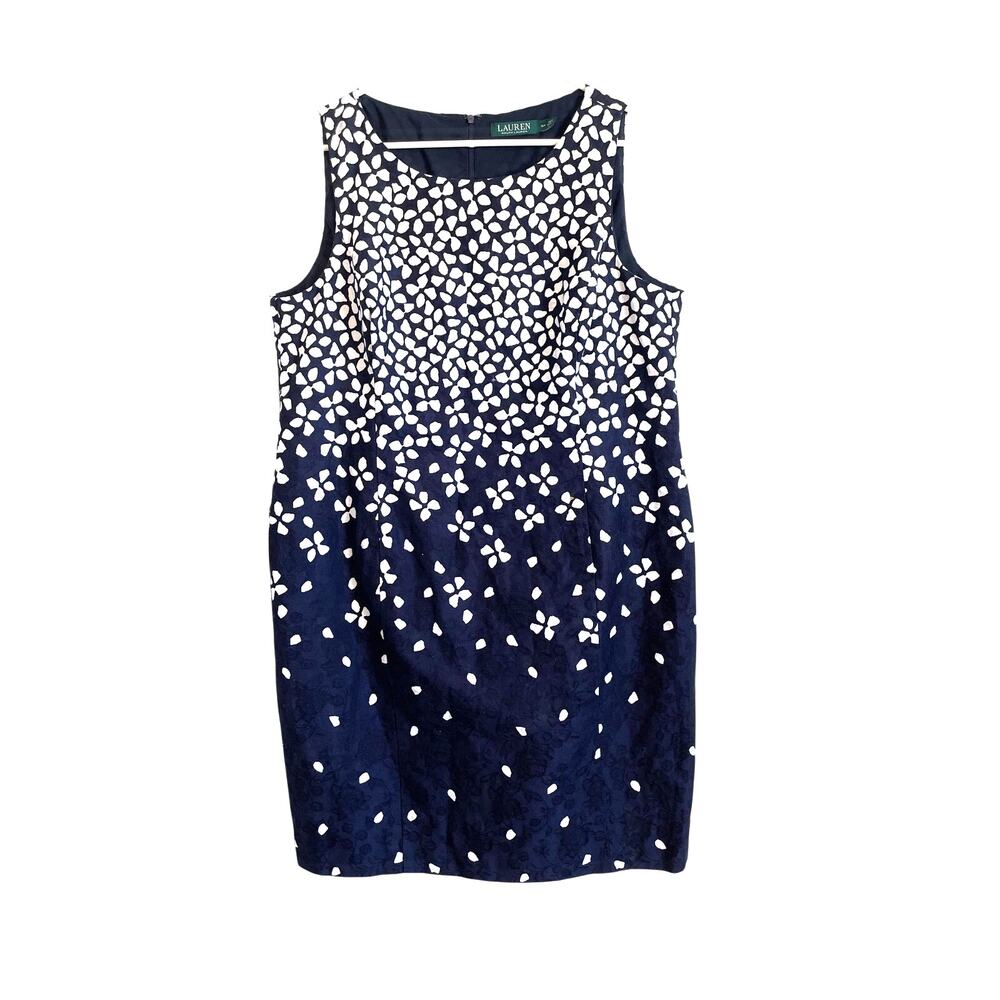 Lauren Ralph Lauren Navy Blue Floral Sleeveless Sheath Dress Cotton 16w Career